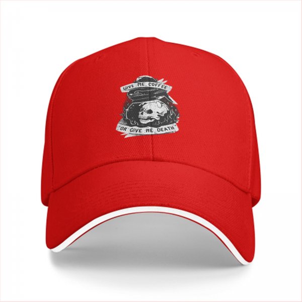 Black baseball cap with 'Give Me Coffee Or Give Me Death' skull graphic
