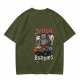 Olive green t-shirt with Trash Buddies raccoon possum and skunk graphic