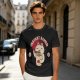 Olive green t-shirt with a cartoon cat eating instant ramen