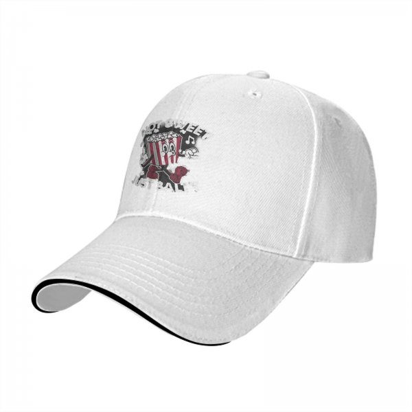 Black baseball cap with 'Not Sweet Just Salty' dancing popcorn graphic