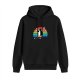 Black hoodie with penguin graphic and retro rainbow stripe design