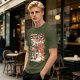 Olive green graphic tee with retro masked rider ramen motorcycle art