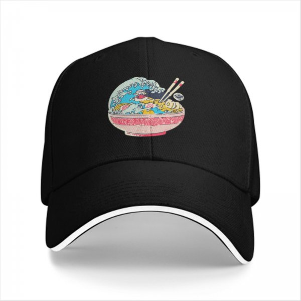 Black Baseball Cap with Great Wave Ramen Bowl Graphic