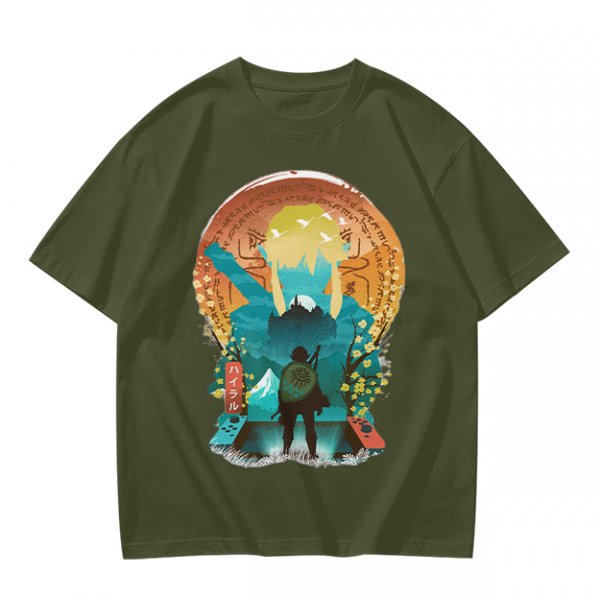 Olive Green T-Shirt With Fantasy Hero Silhouette Landscape Art