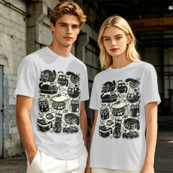 Olive Green T-Shirt With Playful Black Cats In Kitchenware Print