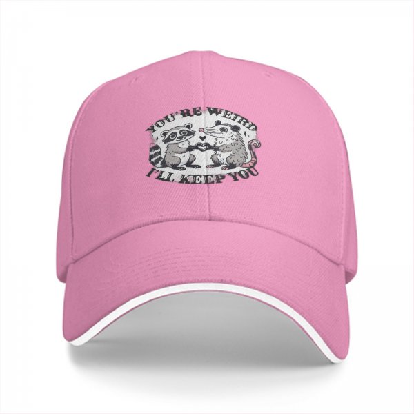 Black baseball cap with raccoon and opossum weird love graphic