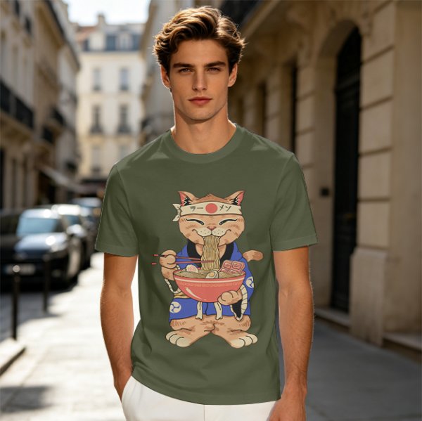 Olive T-Shirt Featuring a Cat in a Headband Eating Ramen