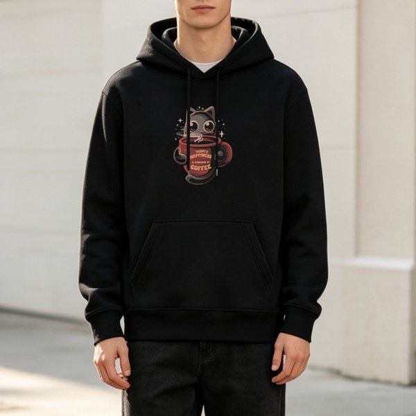 Black hoodie with cat in coffee cup graphic