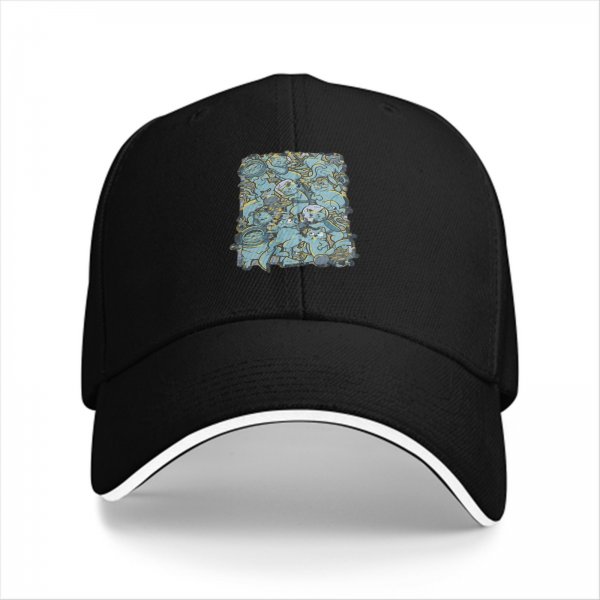 Black Baseball Cap With Blue Whimsical Character Print