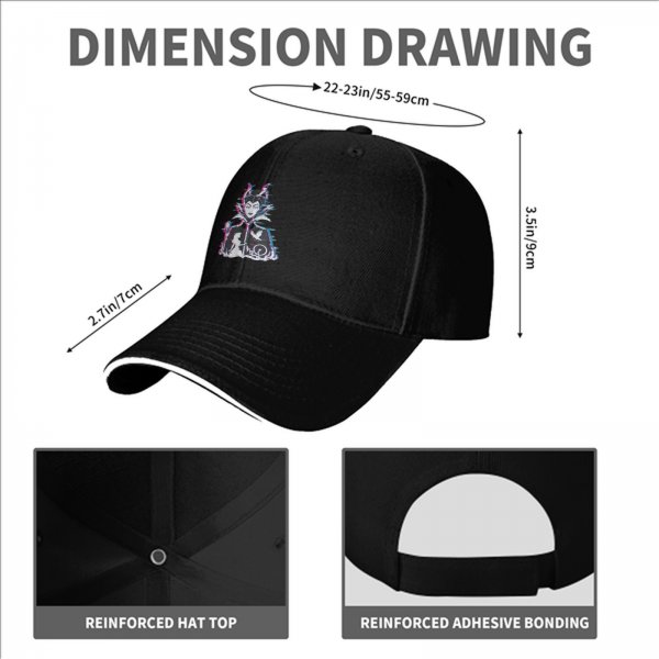 Black baseball cap with glitch-style Maleficent graphic print