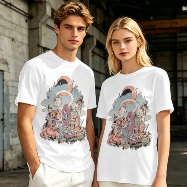 Olive T-Shirt With Whimsical Cat Crescent Moon Artwork