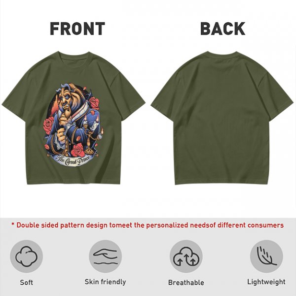 Olive T-shirt featuring The Cursed Prince Beast with roses and candelabra