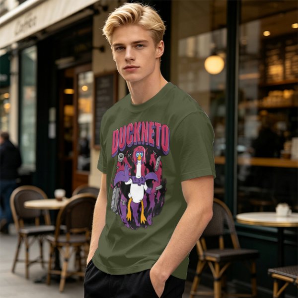 Olive Graphic T-Shirt Featuring Duckneto Superhero Duck Art