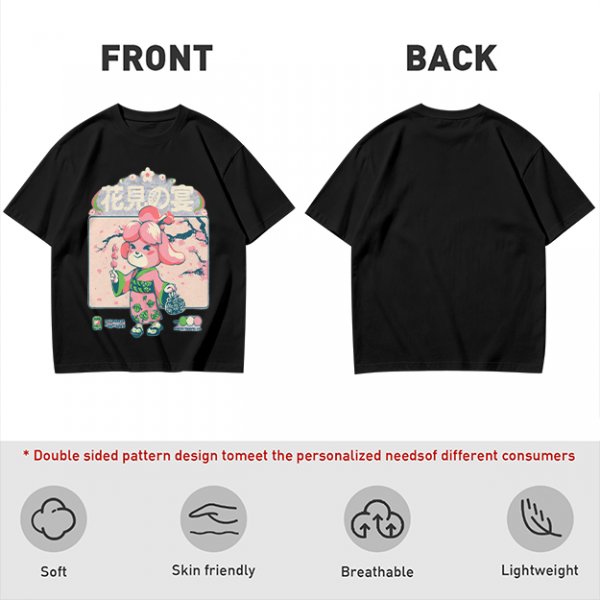 Olive green t-shirt with cherry blossom festival dog character print