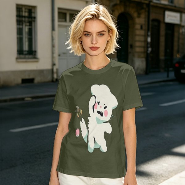 Olive T-Shirt With Angry Fluffy White Creature Swatting At Bee Print