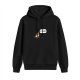 Black hoodie with a robin bird graphic and speech bubble text
