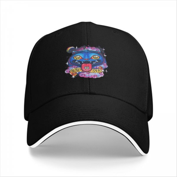 Black baseball cap with psychedelic blue cat graphic design