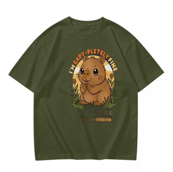 Olive t-shirt with cute capybara 'I'm capy-pletely fine' graphic