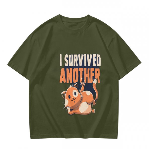 Olive T-Shirt with I Survived Another Playful Orange Cat Graphic