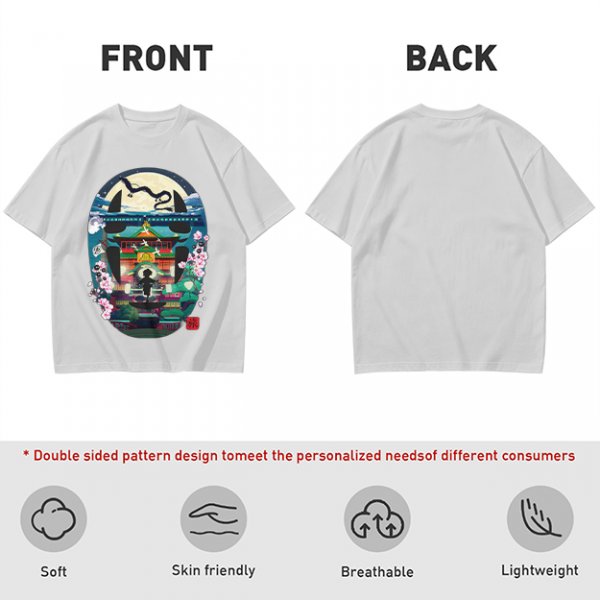 Spirited Away Bathhouse Graphic Tee with No Face and Dragon Art