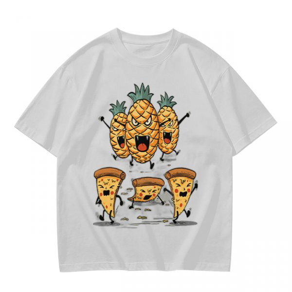 Olive T-Shirt With Angry Pineapple And Pizza Slice Cartoon Print
