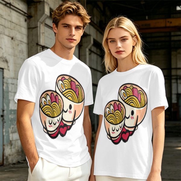 Olive T-Shirt With Cute Hugging Ramen Bowl Couple Print