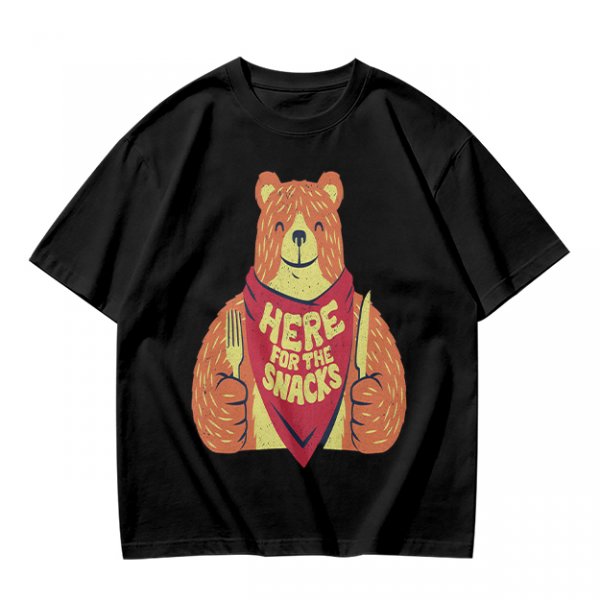Olive T-Shirt With Happy Bear Holding Fork And Knife Here For Snacks Print