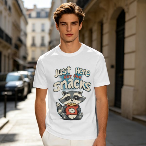 Olive green t-shirt with 'Just Here for the Snacks' and raccoon graphic