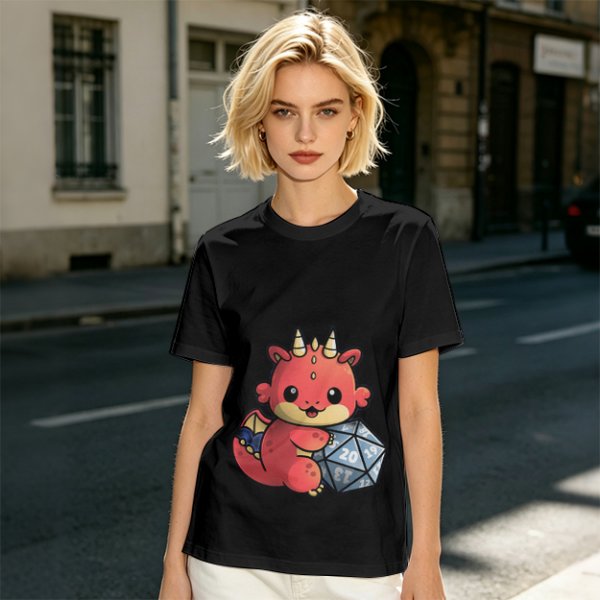 Cute Red Dragon Holding D20 Dice Graphic T-Shirt