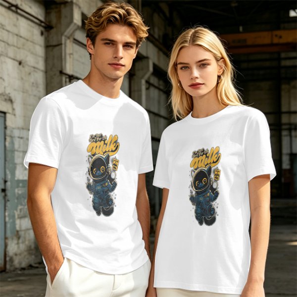 Olive T-shirt with Astronaut Cat 'I'm Just Here For The Milk' Print