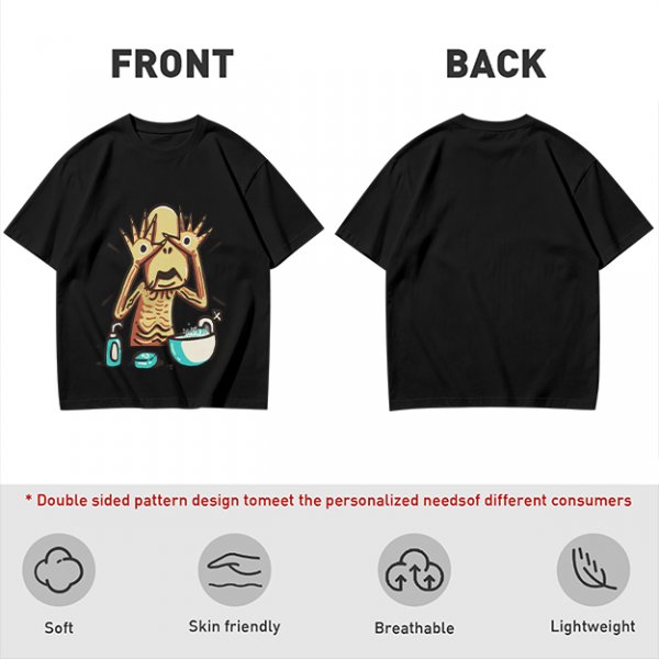 Olive T-shirt with a startled alien washing hands graphic