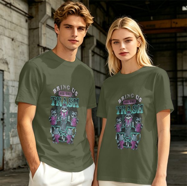 Olive graphic t-shirt with raccoons and 'Bring Us All The Trash' text