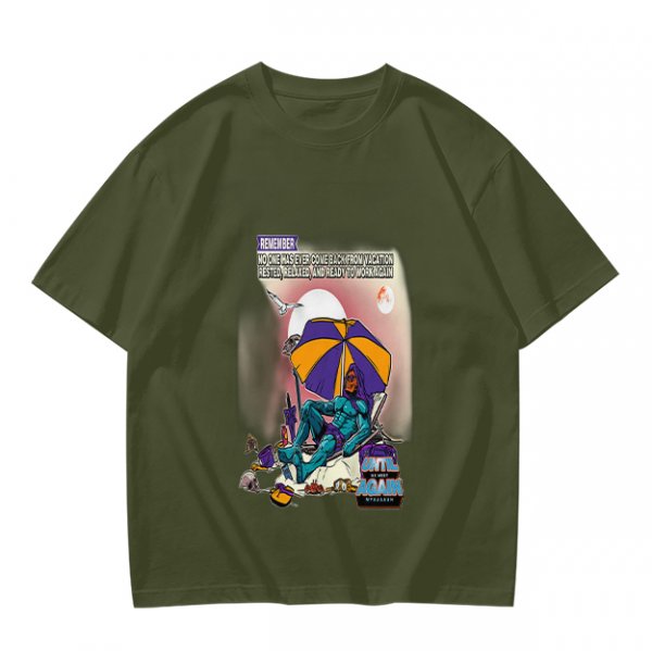 Olive T-shirt with Superhero Lounging Under Beach Umbrella Print