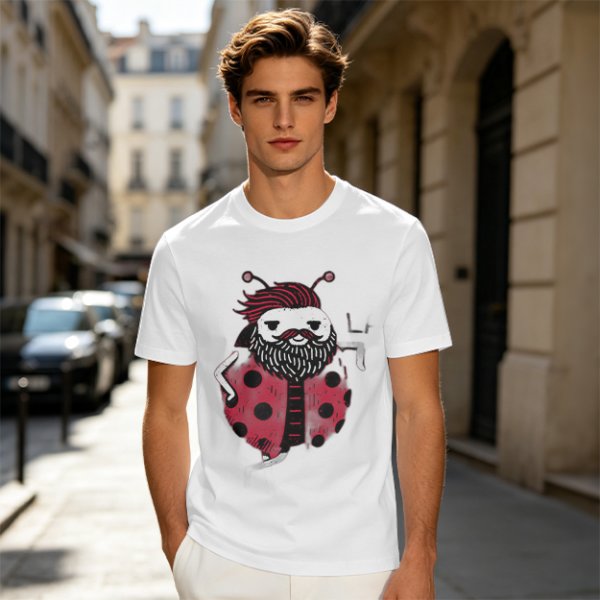 Olive Green T-Shirt With Bearded Ladybug Print