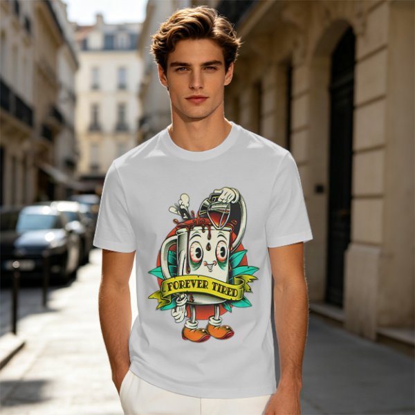 Forever Tired Coffee Mug Cartoon Character T-Shirt Design