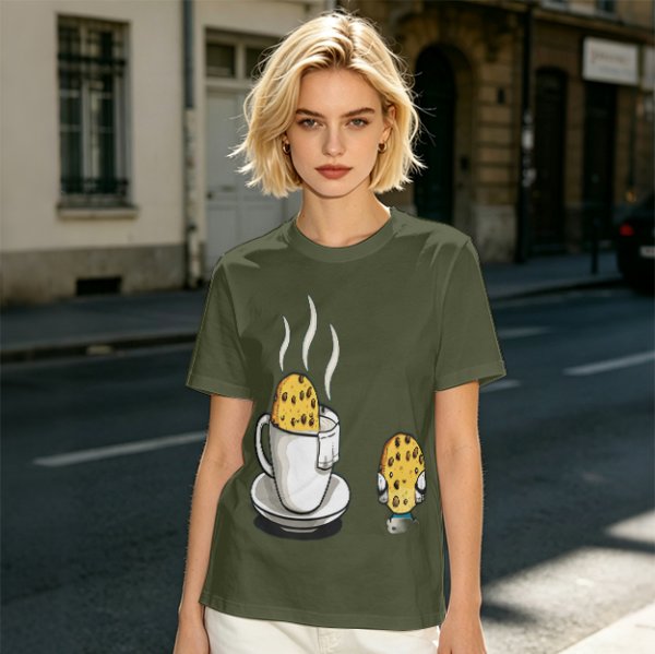 Olive T-Shirt With Funny Cookie In Coffee Cup Print