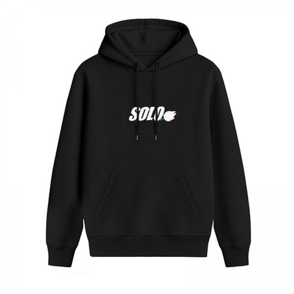 Black graphic hoodie with 'SOLO' text and flame detail