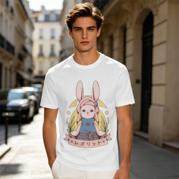Olive T-shirt with Cute Rabbit Character and Japanese Text Print
