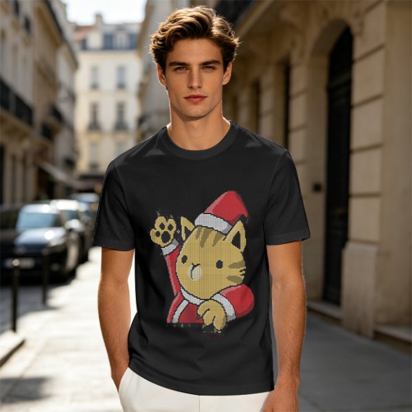 Olive Green T-Shirt With Waving Christmas Cat Graphic