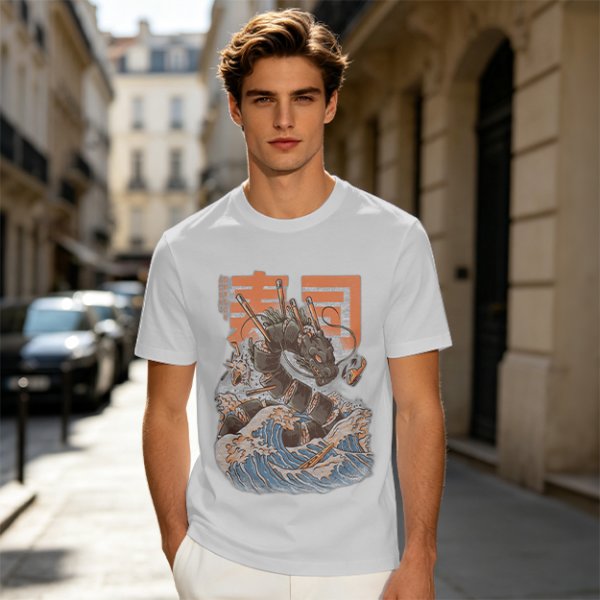 Olive T-shirt with Sushi Dragon Wave Graphic Print