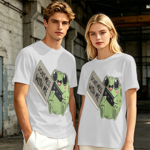 Olive t-shirt with cute frog holding knife and 'Don't mess with me' text