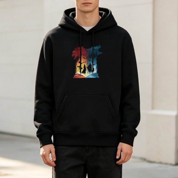Black Hoodie With Fantasy Open Book Dragon Wolf Silhouette Art