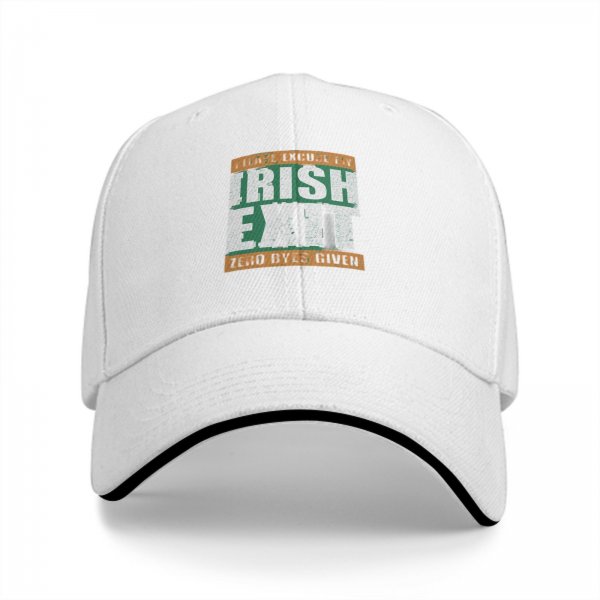 Black baseball cap with 'Please Excuse My Irish Exit Zero Byes Given' print