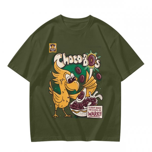 Olive t-shirt with Choco-Bo's cereal graphic featuring a yellow bird
