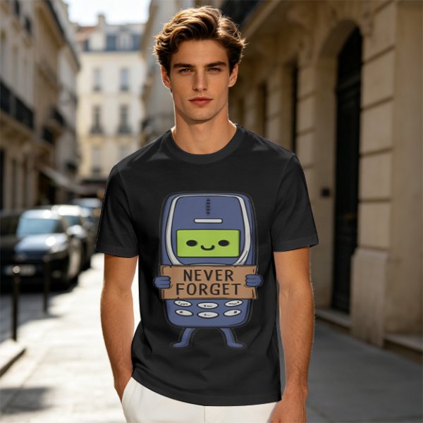Olive T-Shirt Featuring a Retro Mobile Phone Holding a Never Forget Sign