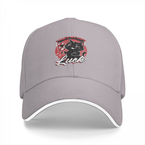 Black baseball cap with 'I Make My Own Luck' cat graphic