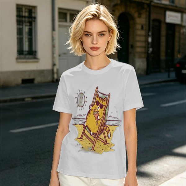 Olive T-Shirt With Cool Cat Lounging On Beach Chair Holding Drink