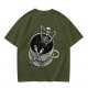 Olive T-shirt with skeleton relaxing in coffee cup graphic