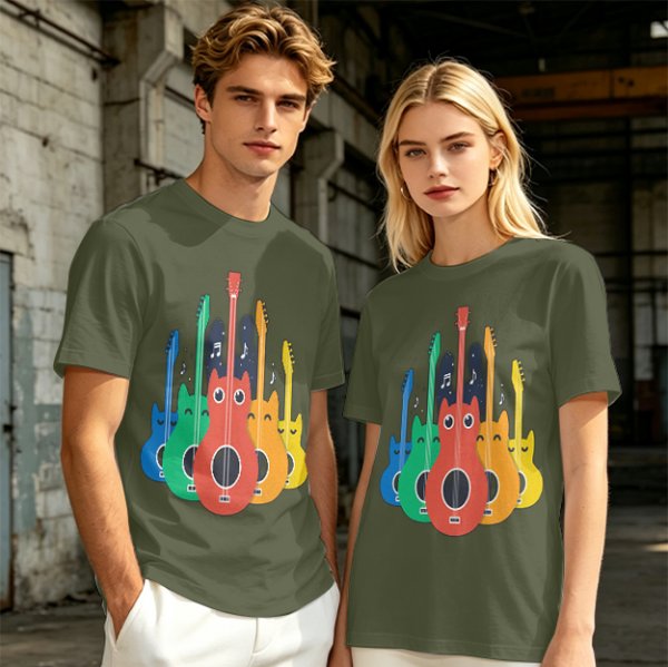 Olive T-Shirt With Colorful Cat Guitar Illustration