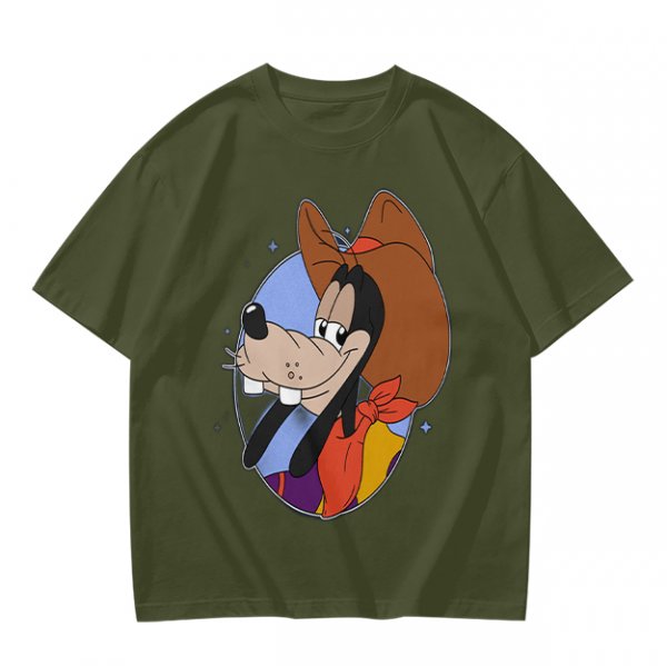 Olive T-Shirt Featuring Cowboy Goofy Cartoon Graphic